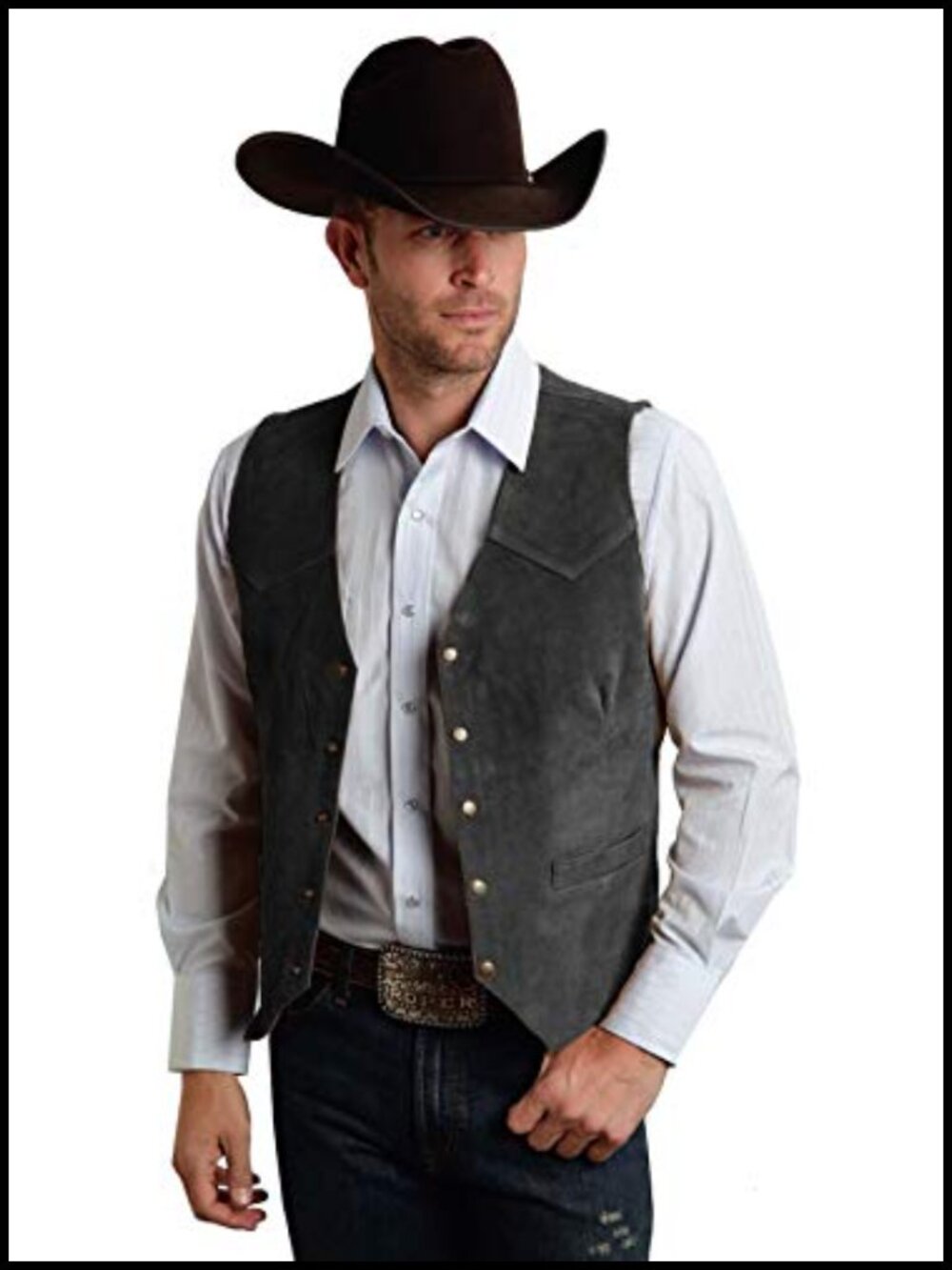 Suede Leather Vest Slim-Fit Cowboy Waistcoat 5 Button V-Neck Western